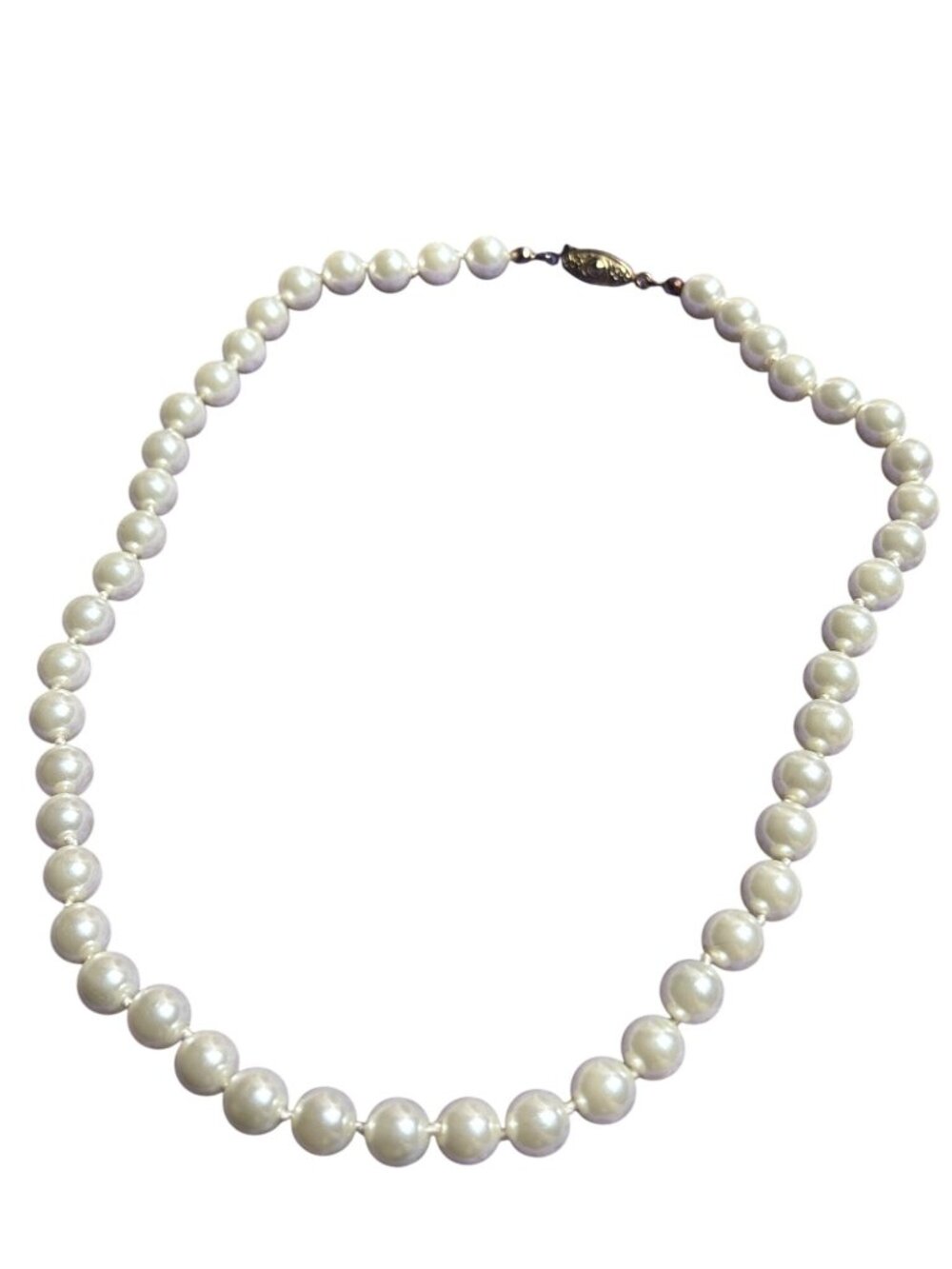 Vintage Knotted Glass Faux Pearl Necklace Goldtone Fishhook Clasp 17 inches Long